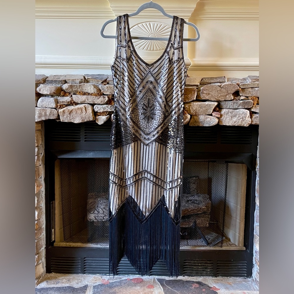 Black beaded, sequin, fringe dress